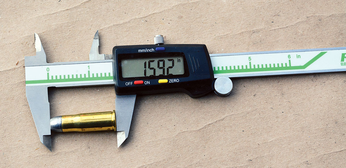 The industry maximum overall cartridge length is 1.592 inches for the 38-40.
